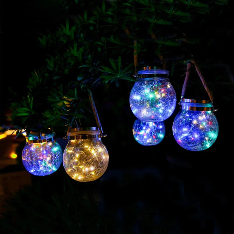 LED Solar Lamp Ball Crack Solar Powered Outdoor Waterproof Hang Lights Villa Garden Decoration Atmosphere Sunlight Light