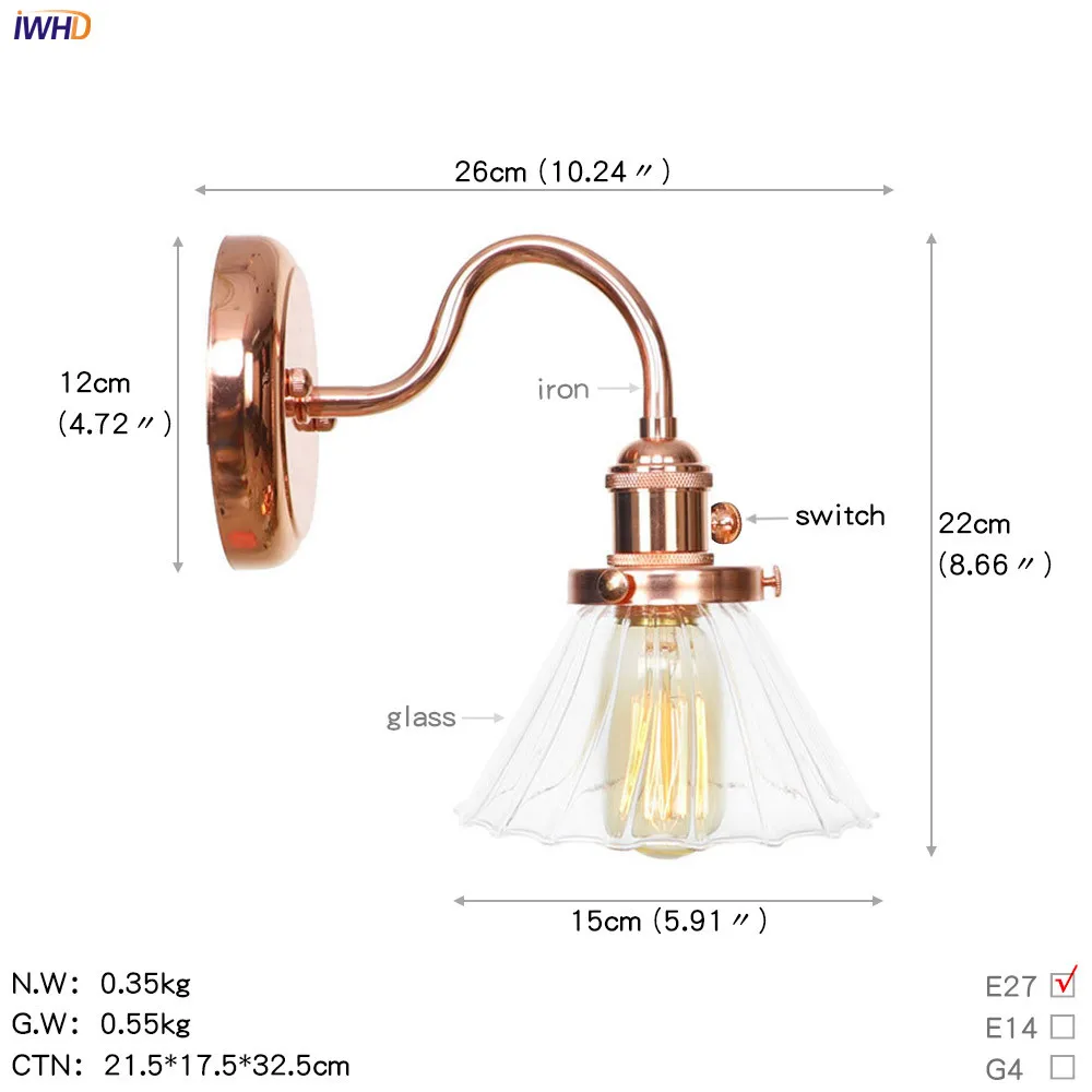 Imagem -02 - Iwhd Nórdico Moderno Levou Lâmpada de Parede com Interruptor Criativo Rose Golden Wall Luz Abajur de Vidro Espelho de Luz Luz do Banheiro do Vintage