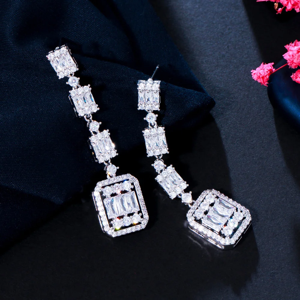 Pera Classic White Square Shape Cubic Zirconia Silver Color Long Dangle Drop Earrings Prom Party Dress Jewelry for Female E851 image 4