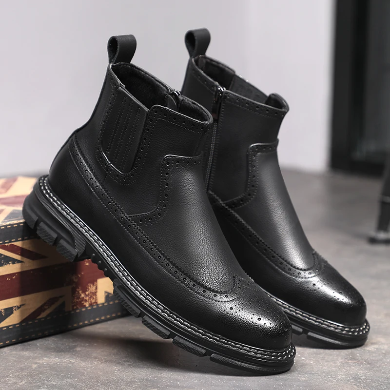 

Autumn Winter Vintage Men Shoes Casual Cow Leather British Zipper Handmade Ankle Boots Plush Warm Chelsea Boots Brogue Shoes