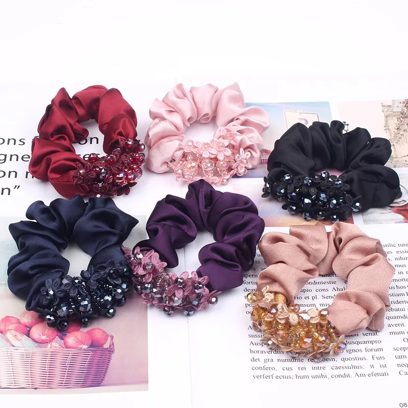 Hairband Elastic Rubber Bands Headband Satin Scrunchie With Glass Stones Flower For Women Girl hair accessories JJ011401