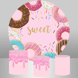 Girl 1st Birthday Party Background for Photo Studio Candy Pink Baby Shower Photoshoot Sweet Donut Party Round Circle Backdrop
