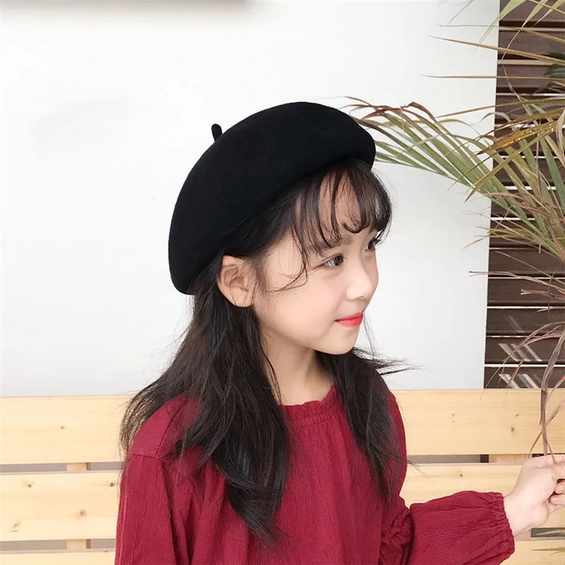 Baby Kids Girls Beret French Artist Warm Wool Winter Beanie Hat Retro Vintage Plain Beret Solid Color Elegant