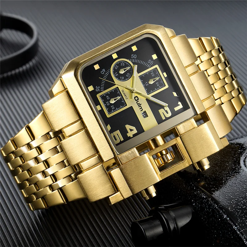 Oulm Golden Steel Male Quartz Wristwatch Large Dial Luxury Brand Auto Date Antique Men\'s Military Watches Relogio Masculino