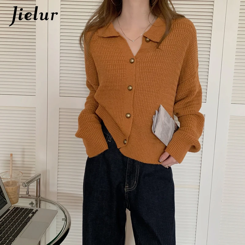 Jielur New Style Knitted Cardigan Female Loose Long Sleeve Women Sweater Jacket Single-breasted Navy Blue Apricot Sweaters