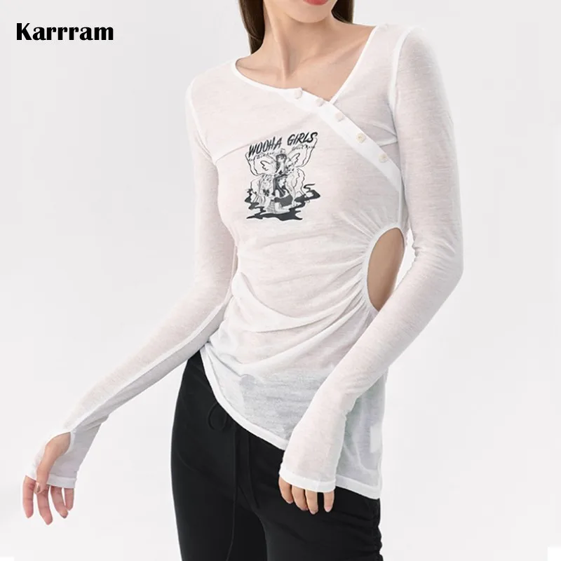 Karrram Korean Streetwear Women Long Sleeve Irregular T Shirt Hollow Out Skew-neck Design Clothes See Through Sexy Slim Tops