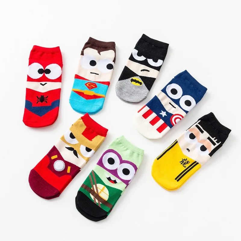 Men Cotton Socks Hero US Super Iron Fun Cartoon Color Casual Fashion Striped Short Ankle Chaussettes