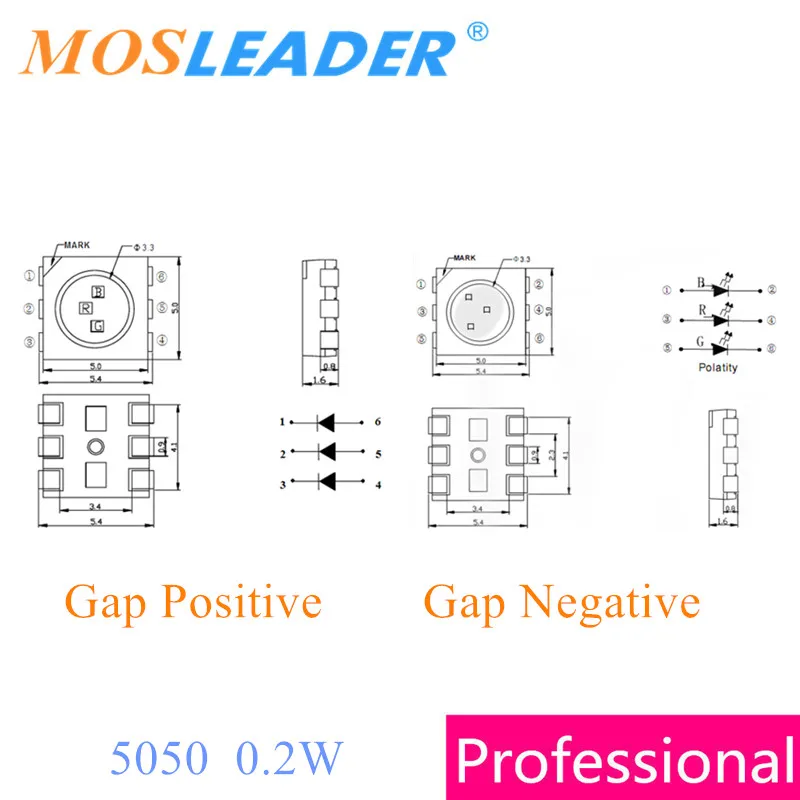 Mosleader 1000pcs 5050 RGB Chip LED PLCC-6 0.2W 60mA 180mA 0.5W 0.6W Blue Red Green SMD LED Gap Positive Negative Made in China