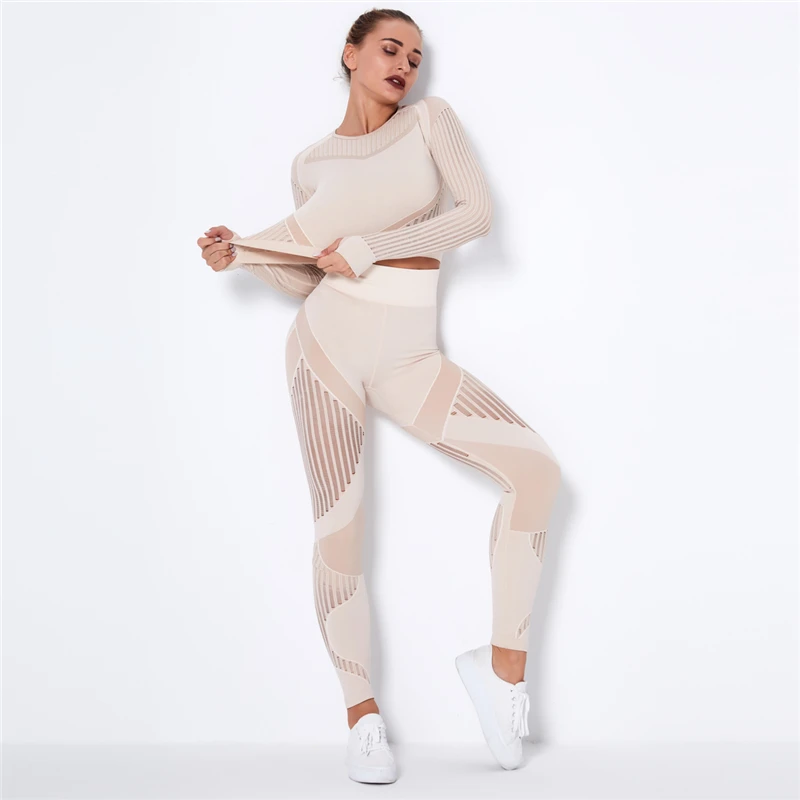 Ensemble de sport en maille creuse pour femmes, 2 pièces, taille haute, Yoga sans couture, nouvelle collection