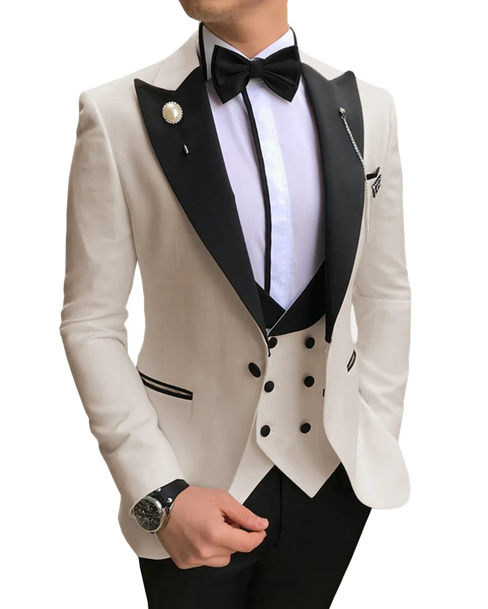 Men\'s Suits 3 piece Slim Fit Peaked Collar Black/Beige/Grey Tuxedos Groomsmen for Wedding Suits Men 2022 (Blazer+Vest+Pants)