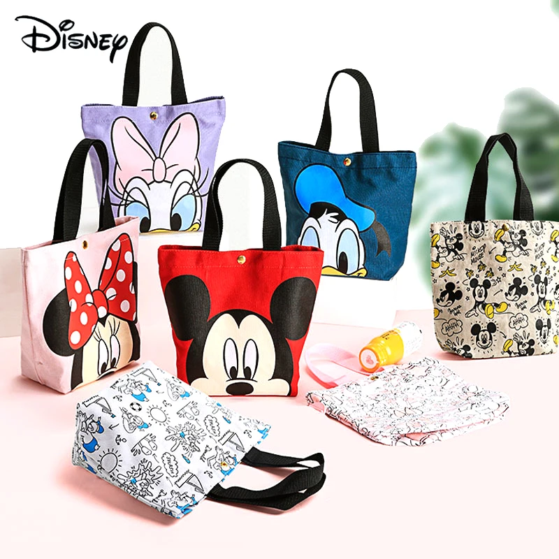 Disney Mickey Minnie Lunch Box Carry Bag Donald Duck Anime Printing Canvas Bag Student Cartoon Food Makeup Picnic Bag