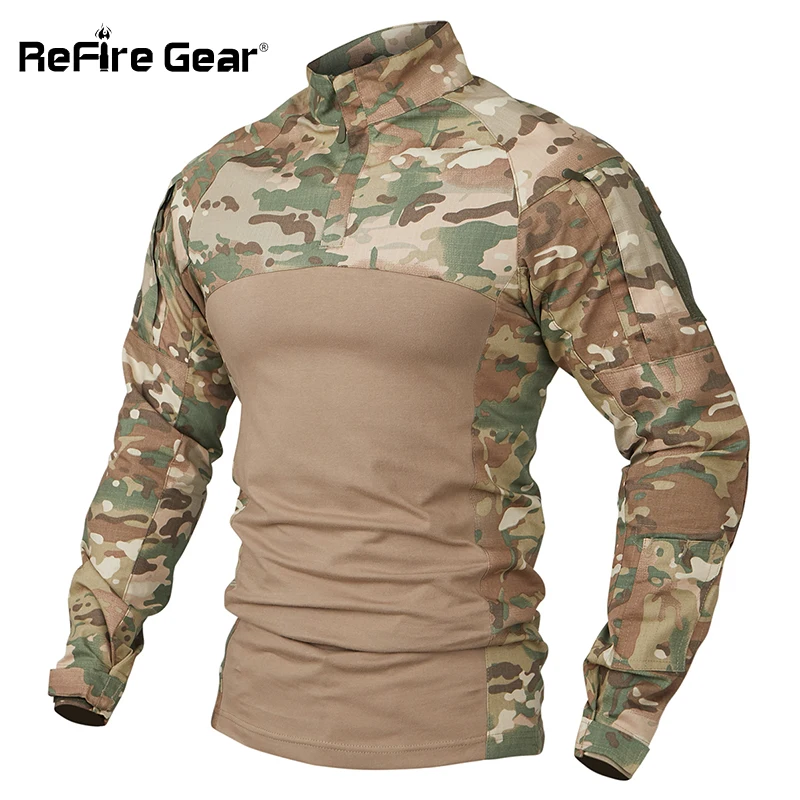 ReFire Gear Men Camouflage Tactical T-shirts Summer Army Combat SWAT Soldiers Military Breathable Elastic Shirts T Shirts