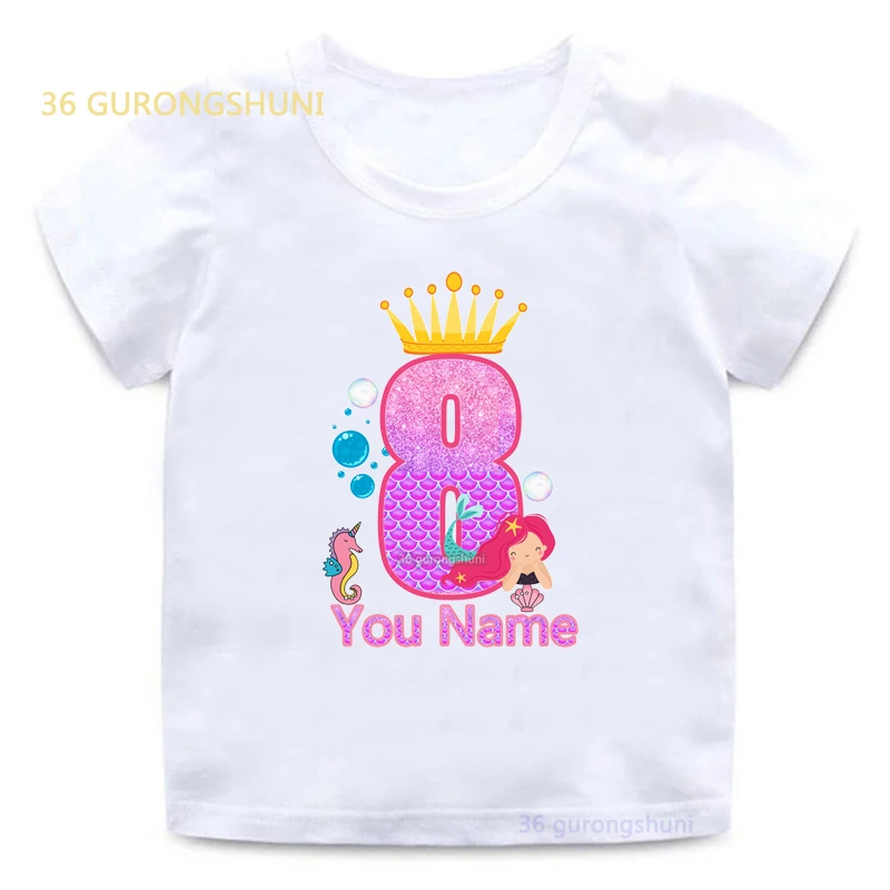 happy Birthday Print graphic t shirts children clothes Cartoon Mermaid 1 2 3 6 th clothing girl boy kids tops for girls t-shirts