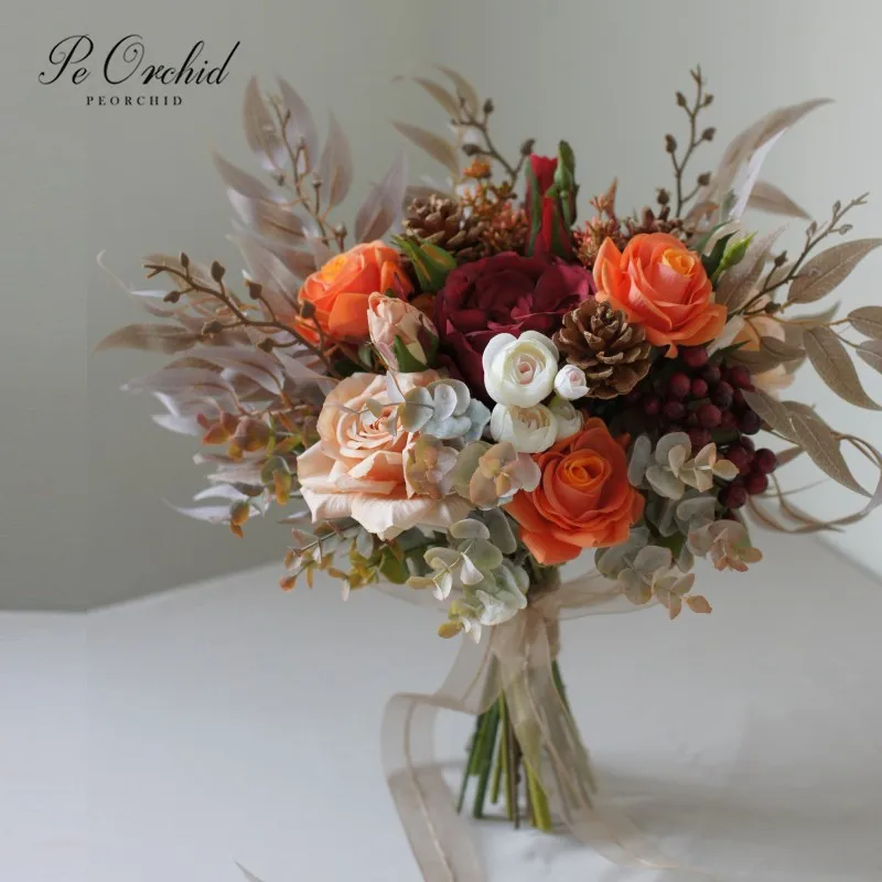 PEORCHID-Bouquets Artificiels pour Mariage, Orange, Rouge, Poubelle, Injflower, Bouquet de Mariée, Décoration à la Main