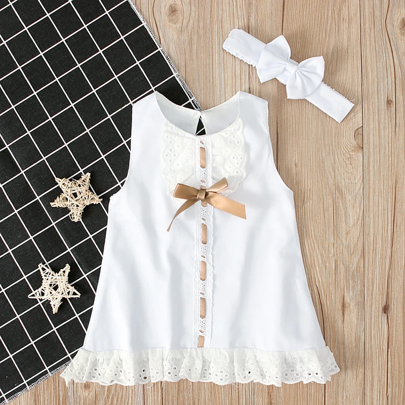 Infant Newborn Baby Girl Lace Dress Sleeveless Bowknot Rib Solid White Shift Gown Headband