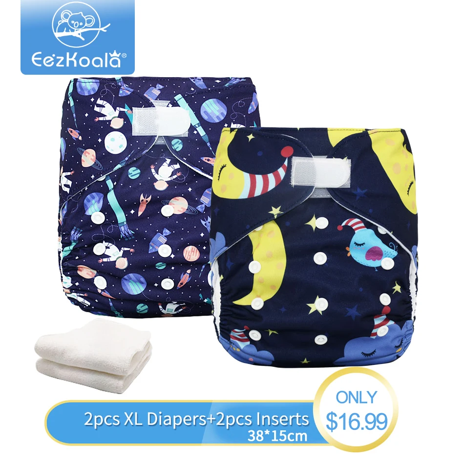 EezKoala Wholesale Big XL Cloth Diaper  2pcs diaper +2pcs inserts Washable Baby  Reusable Real Cloth Pocket Nappy Diaper Cover