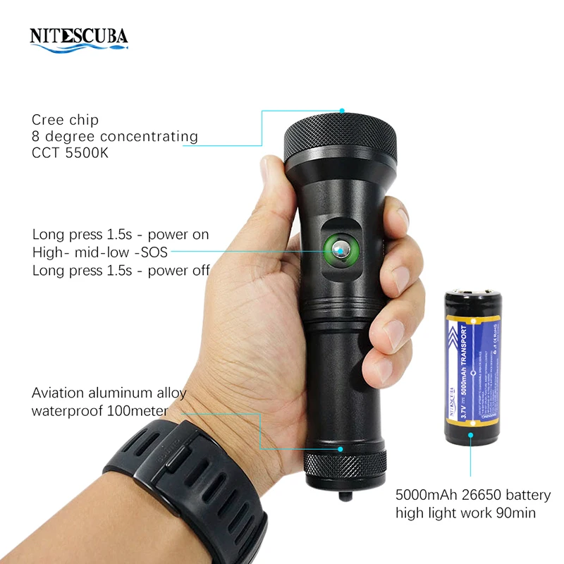 Nitescuba S20 Scuba Diving Flashlight Dive Torch 2000 Lumen Waterproof Underwater Submarine Lights with Rechargeable battery