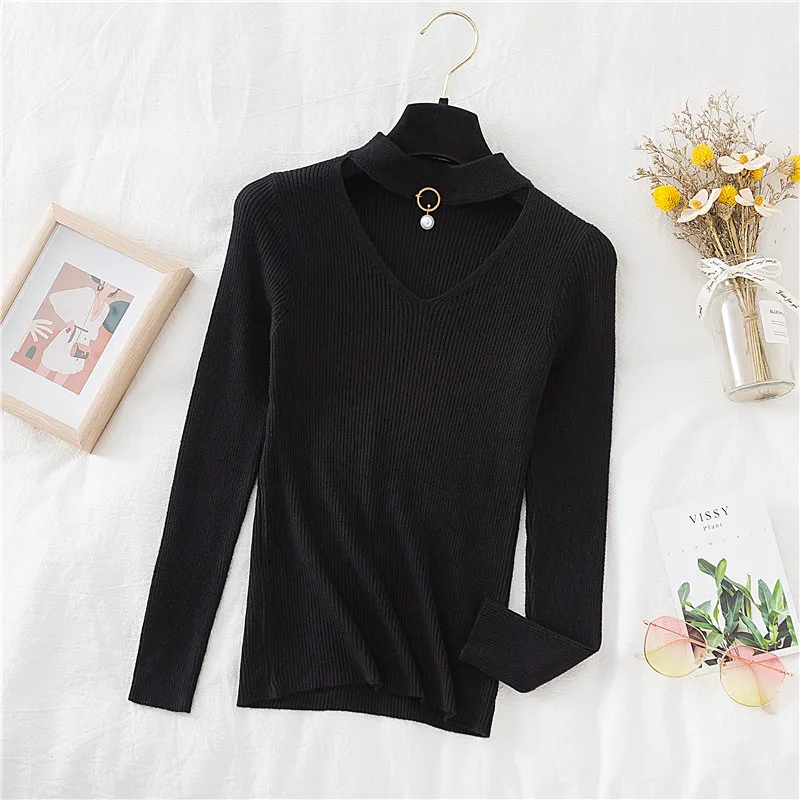 Woherb 2024 Basic V-neck Beading Solid Autumn Winter Sweater Pullover Women Knitted Sweaters Slim Stretch Badycon Jumper Mujer