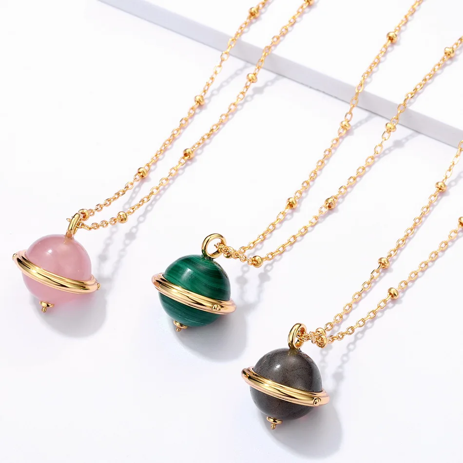 ALLNOEL 925 Sterling Silver Pendant Necklace For Women Globe Planet Earth Rose Quartz Labradorite Malachite Sweater Chain Gold