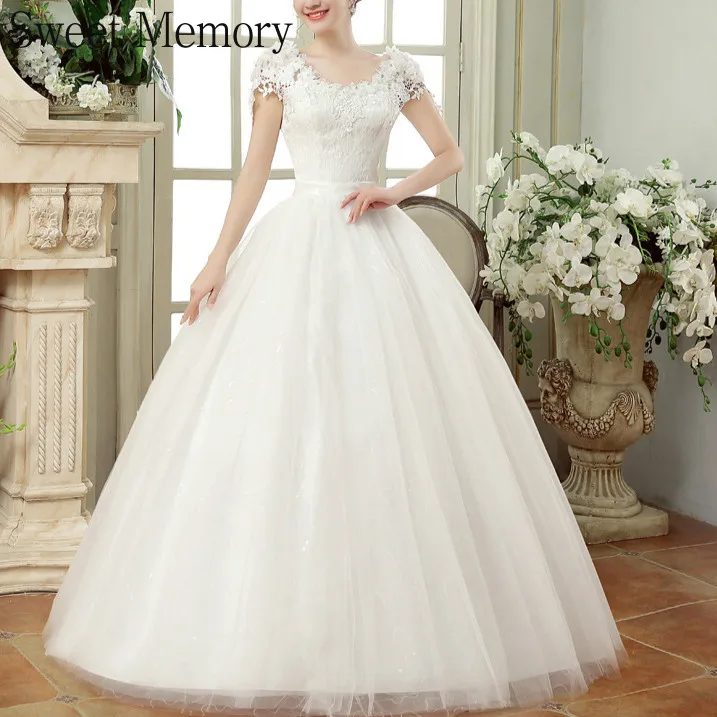 J2105 Süße Speicher Braut Robe Plus Größe Hochzeit Kleider 2021 Boden-Länge Lace Up Hochzeit Party Kleid Mit Blumen für Frauen