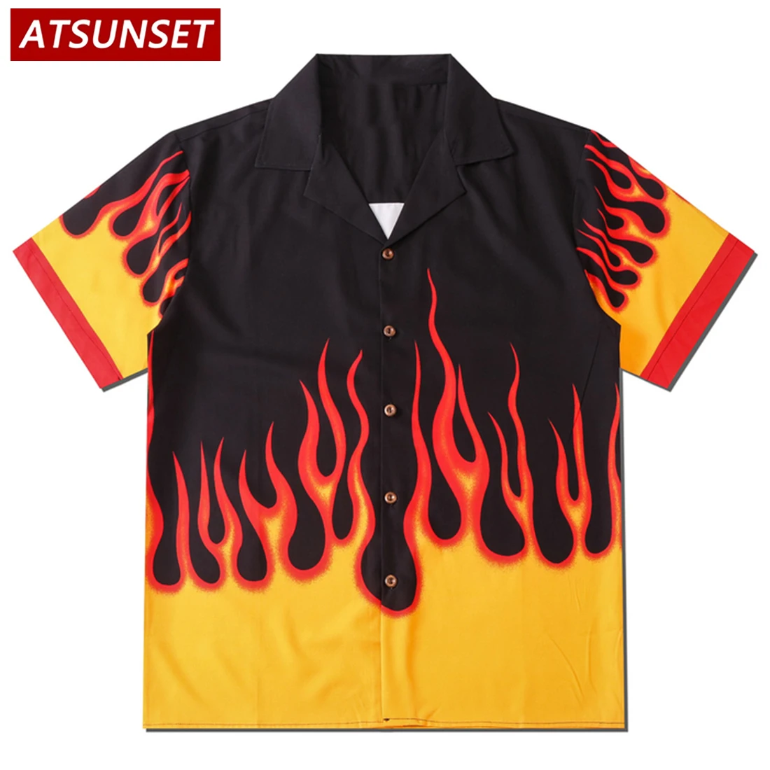 

ATSUNSET Flame Print Shirt HipHop Streetwear Casual Shirt Man Hawaiian Summer Fashion Tee Tops