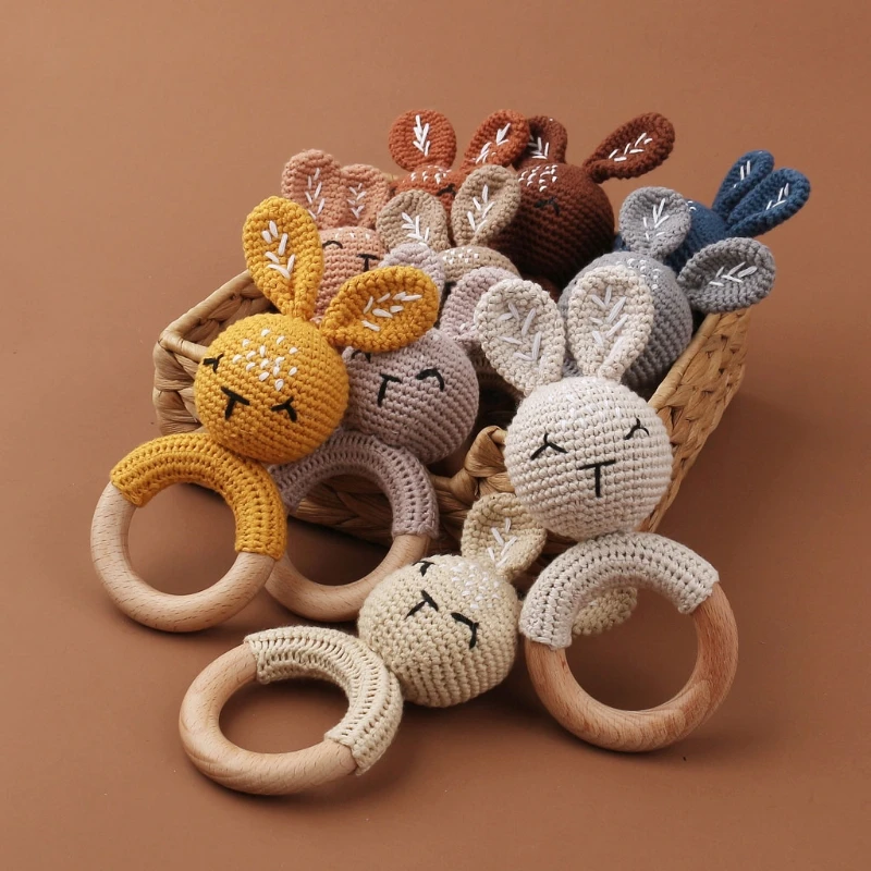 Wooden Crochet Bunny Rattle Toy BPA Free Wood Ring Baby Teether Rodent Baby Gym Mobile Rattles Newborn Educational Toys