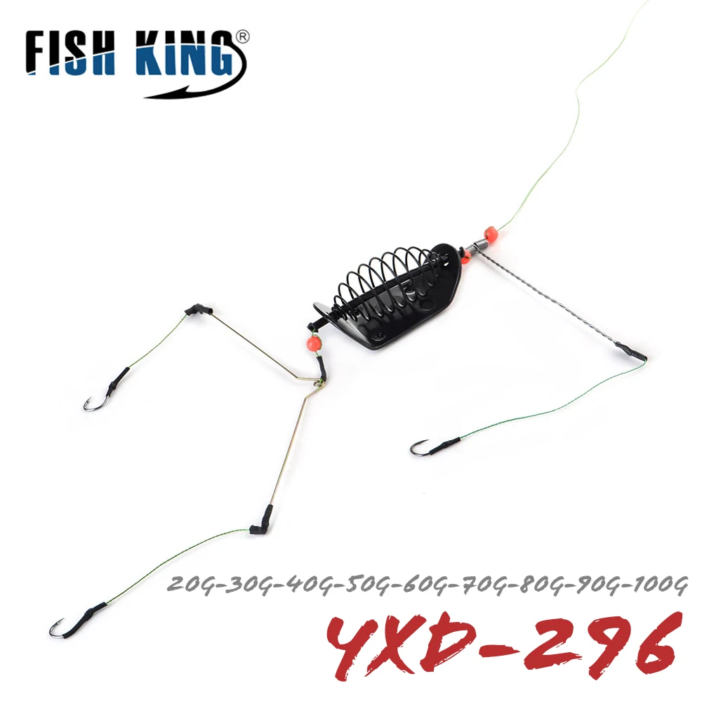 FISH KING 1PC 20G-100G Length 39CM Three Hooks Fishing Bait Cage Sinker Swivel With Line Hooks For Carp Feeder