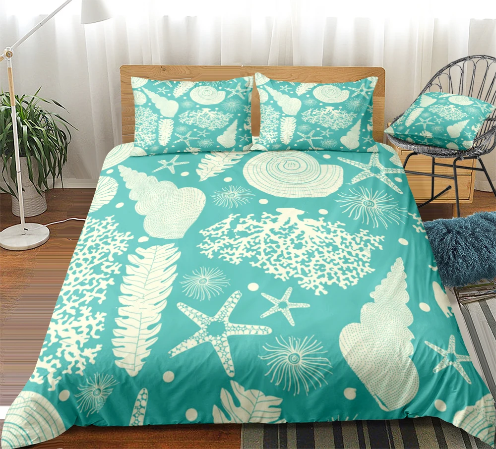 

Turquoise Shells Bedding Nautical Starfish Duvet Cover Set Underwater Conch Bedclothes for Kids Teens