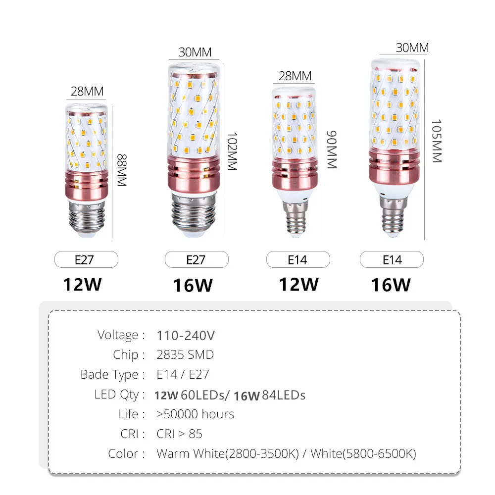 Lâmpada de milho LED para iluminação doméstica, candelabro E14, lâmpada de vela, branco quente, legal, 3000k, 6500k, E27, 110V, 220V, 12W, 16W, casa Lâmpada