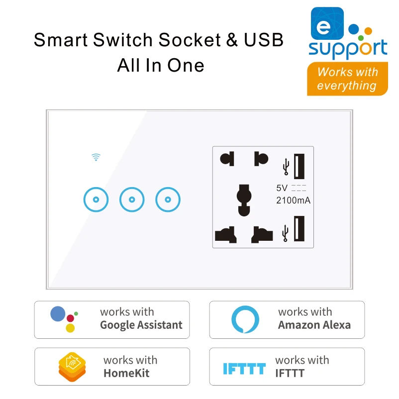 Smart Home WiFi Wall Touch Switch EWelink APP 5 Holes With USB Universal Socket 1 2 3 Gang Alexa Google Home IFTTT Voice Control