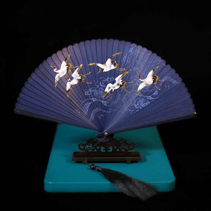 Chinese Retro Hand Fan Bamboo Crane Ventilador Handmade Classical Portable Summer Lady Folding Fan Chinese Women Hand Fans