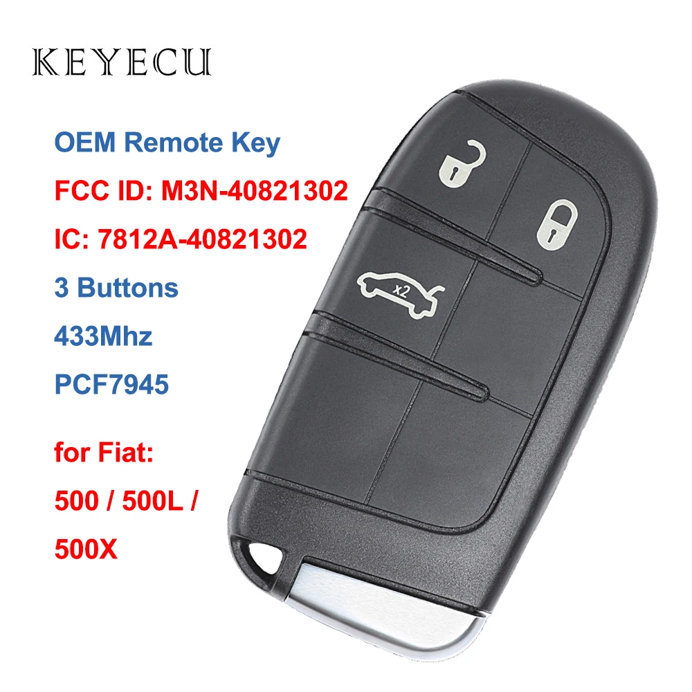 Keyecu OEM Remote Car Key Fob 3 Buttons 433MHz with PCF7945 Chip for Fiat 500 500L 500X FCC ID: M3N-40821302