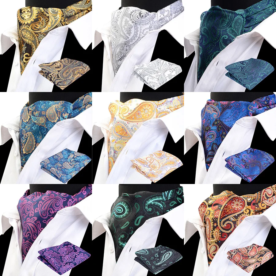 Ricnais Men Vintage Polka Dot Paisley Pattern Ascot and Pocket Square Gentleman Suit Wedding Formal Cravat Ascot Set