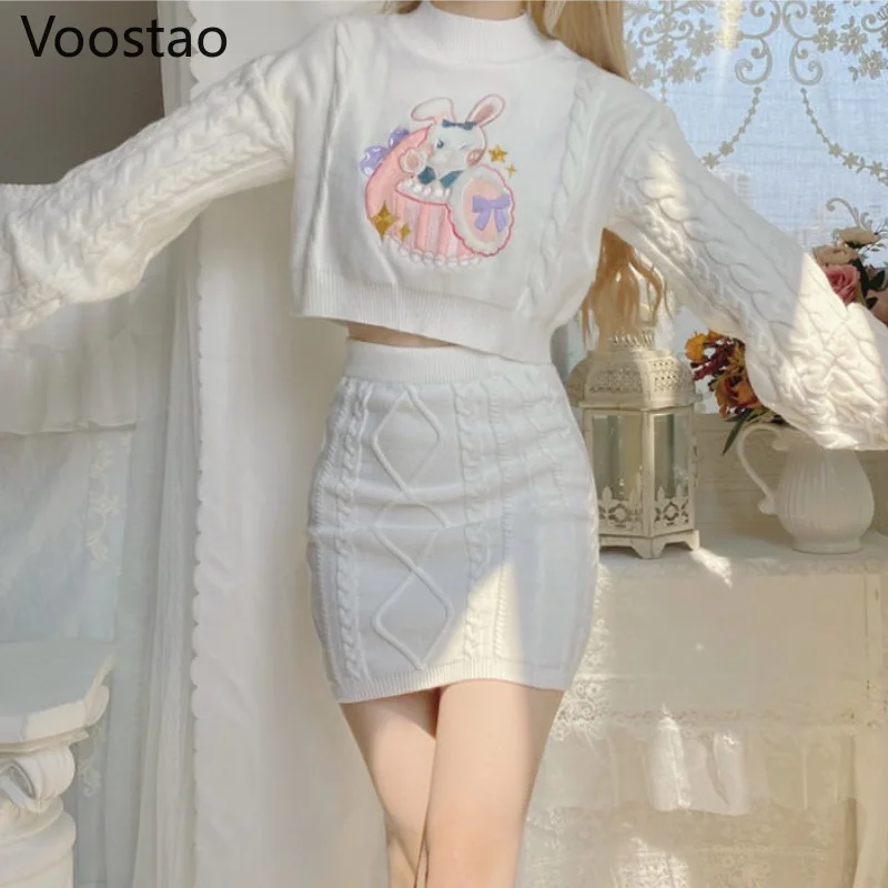 Women Knitted Lolita Sets O-Neck Long Sleeve Casual Crop Tops Kawaii Bunny Embroidery Sweaters Mini Knitted Twist Skirts Suits