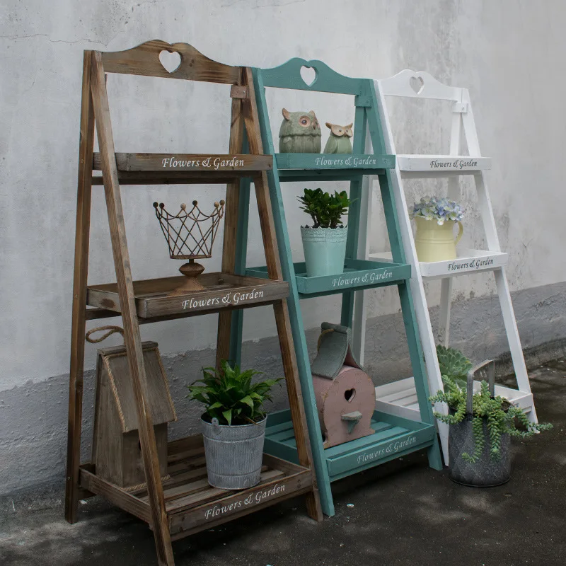 Installation-free American Retro Multi-layer Solid Wood Green Plants Ladder Flower Stand Balcony Floor Type Ladder Plant