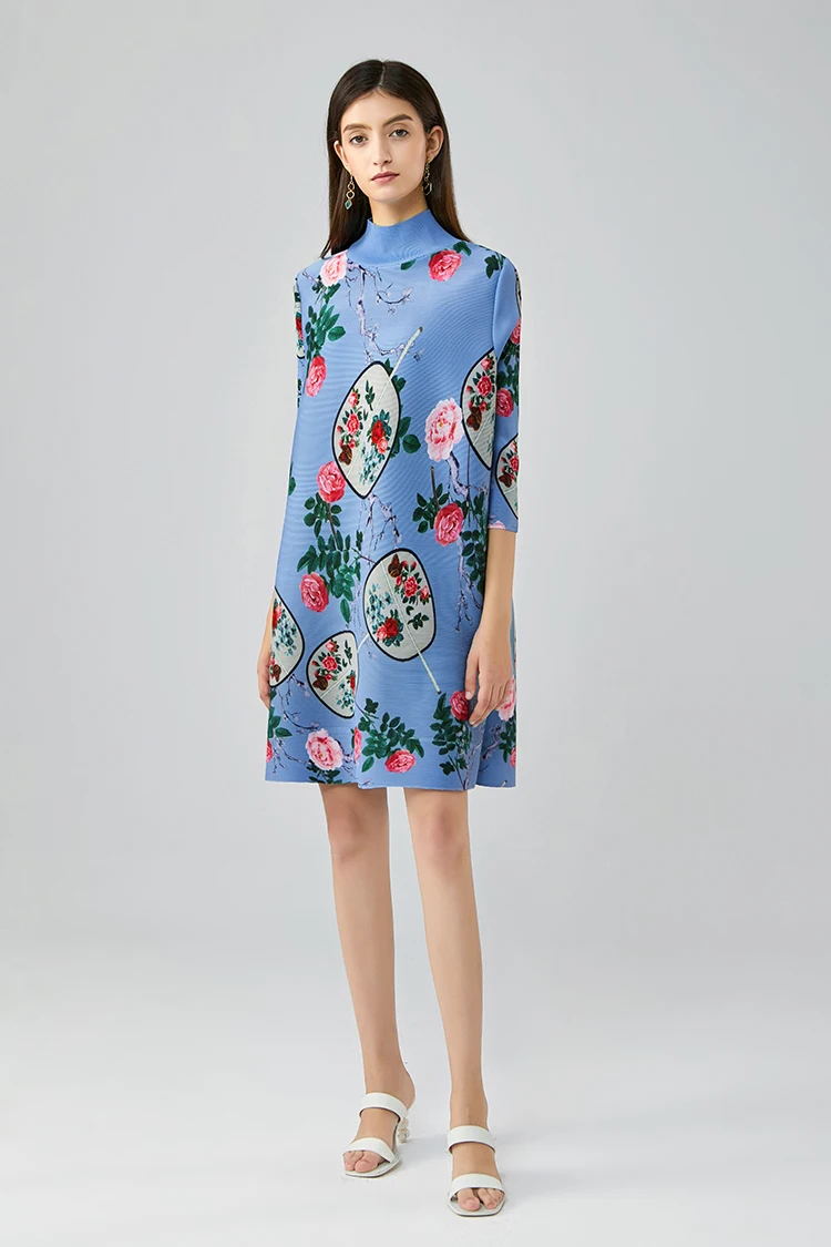 HOT SELLING Miyake pleated one-piece dress  turtleneck print Straight dress IN STOCK