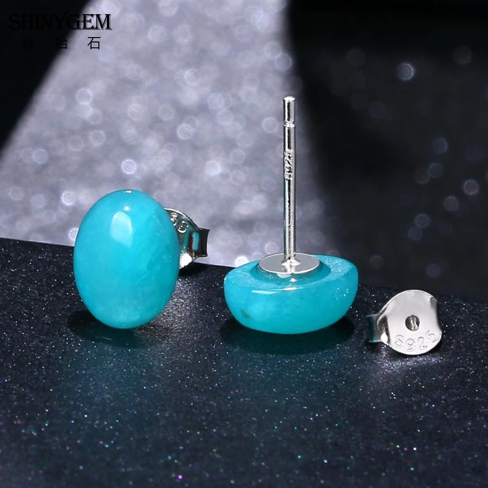 shinygem 925 sterling silver needle natural stone amazonite stud earrings blue oval gem elegant ear jewelry for women earrings