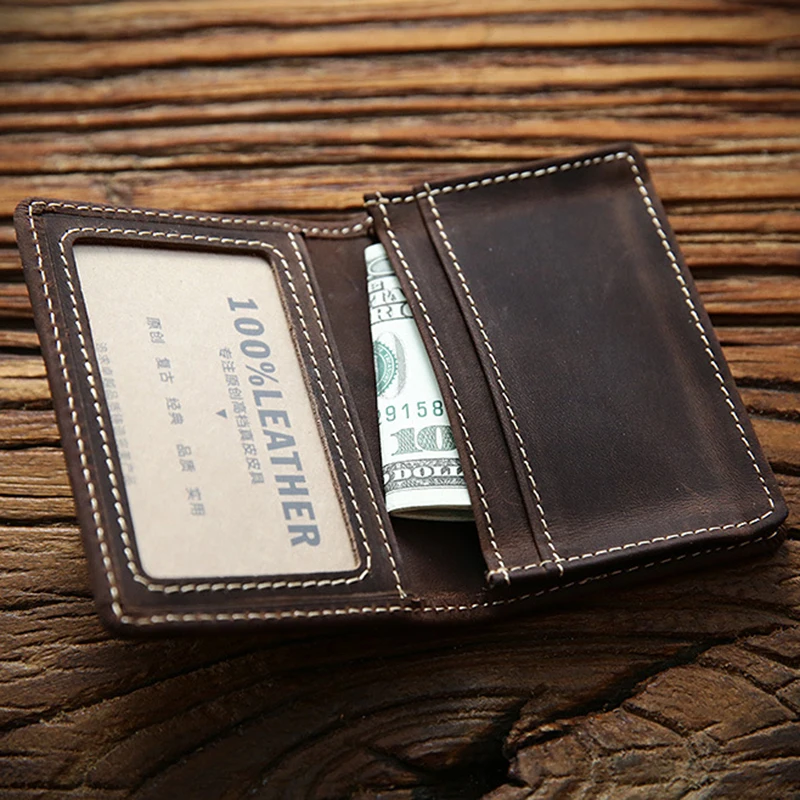 100% Genuine Leather Credit Card Holder For Men Male Vintage Crazy Horse Handmade Short Business ID Case Small Slim Wallet Purse