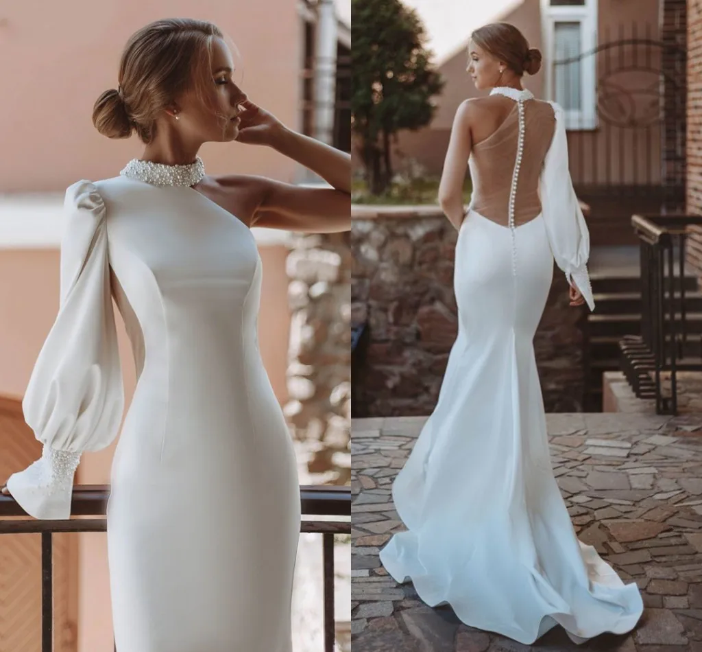 

New Pearls Wedding Dress Mermaid 2023 O-Neck One Shoulder Puff Sleeve Illusion Backless Satin Bridal Gown Custom Made