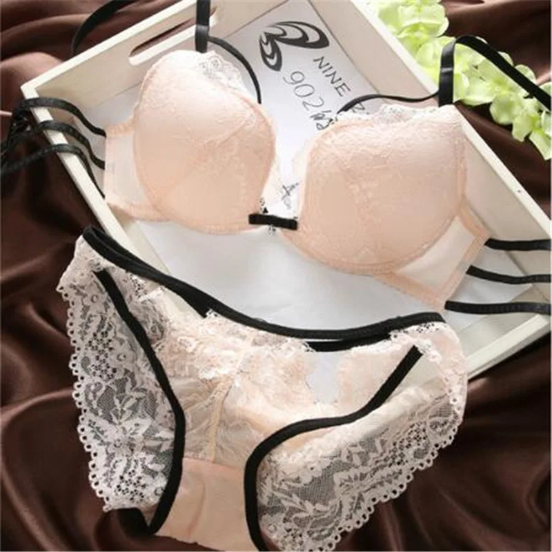 Japanese Beautiful Back Lace Sexy Bra Set Push Up Thick Under Thin Cup Underwear Women Comfortable Breathable Soft Bralette