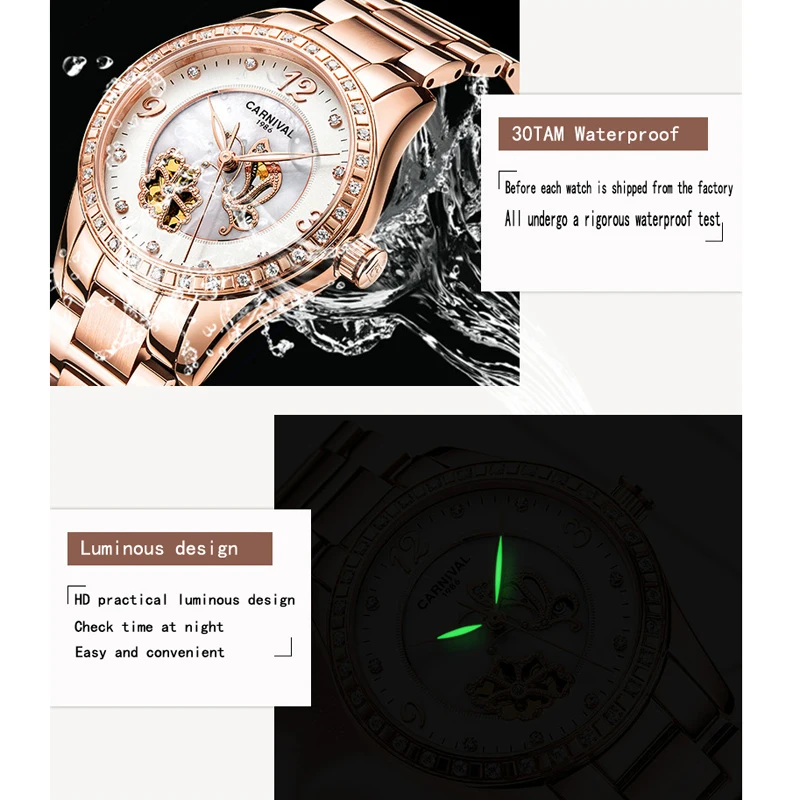 Carnival Brand Luxury Rose Gold Stainless Steel Ceramics Strap Mechanical Watches Women Fashion Diamond  Luminous Skeleton Watch