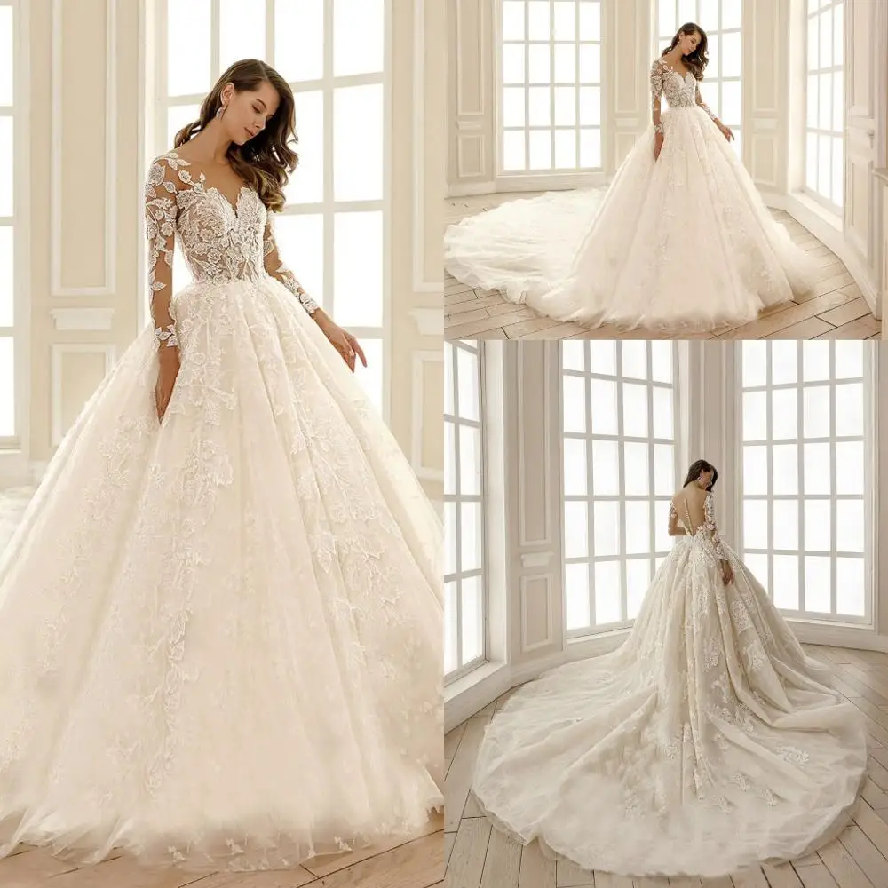 2020 Abito di Sfera Abiti Da Sposa Con Scollo A V A Maniche Lunghe In Pizzo Appliques Abiti Da Sposa Su Misura Made Pulsante Indietro Sweep Treno abito Da Sposa vestito