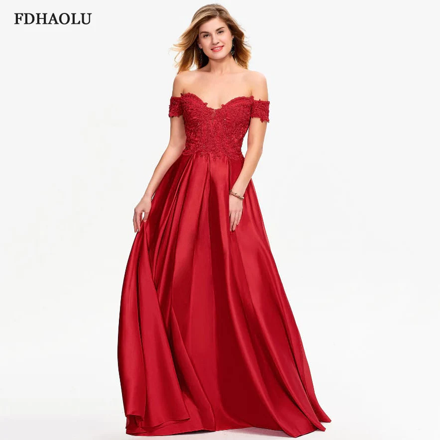 

FDHAOLU AE130 A Line Satin V-Neck Applique Evening Dresses Woman Lady Custom Prom Party Gown Girls Pageant Birthday Christmas