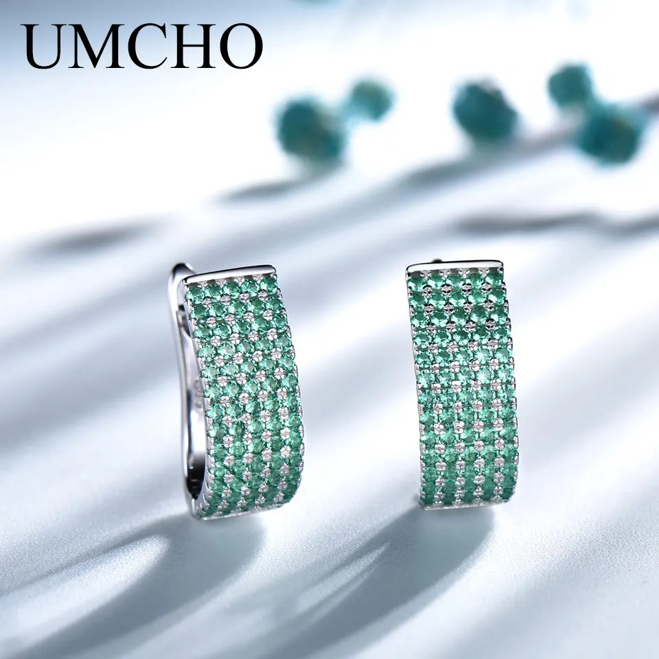 

UMCHO Green Solid Silver 925 Jewelry Created Nano Emerald Clip Earrings For Women Party Accessories Gifts Charms Fine Jewelry