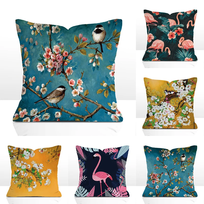 Plum Blossom Cushion Flamingo Birds Cherry Pillow Decorative Home Decoration Sofa Blue Yellow  Cushions Customized