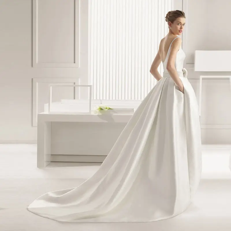 Einfache elegante mit Tasche bogen hochzeit kleid A-linie Kapelle zug Ärmellose falte backless weiß Elfenbein champagner Braut hochzeit