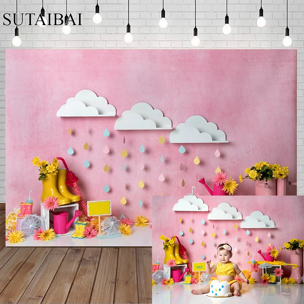 

Spring Clouds Pink Background Photography Wallpaper Baby Shower Photo Decoration Props Newborn Kids Birthday Background Vinyl