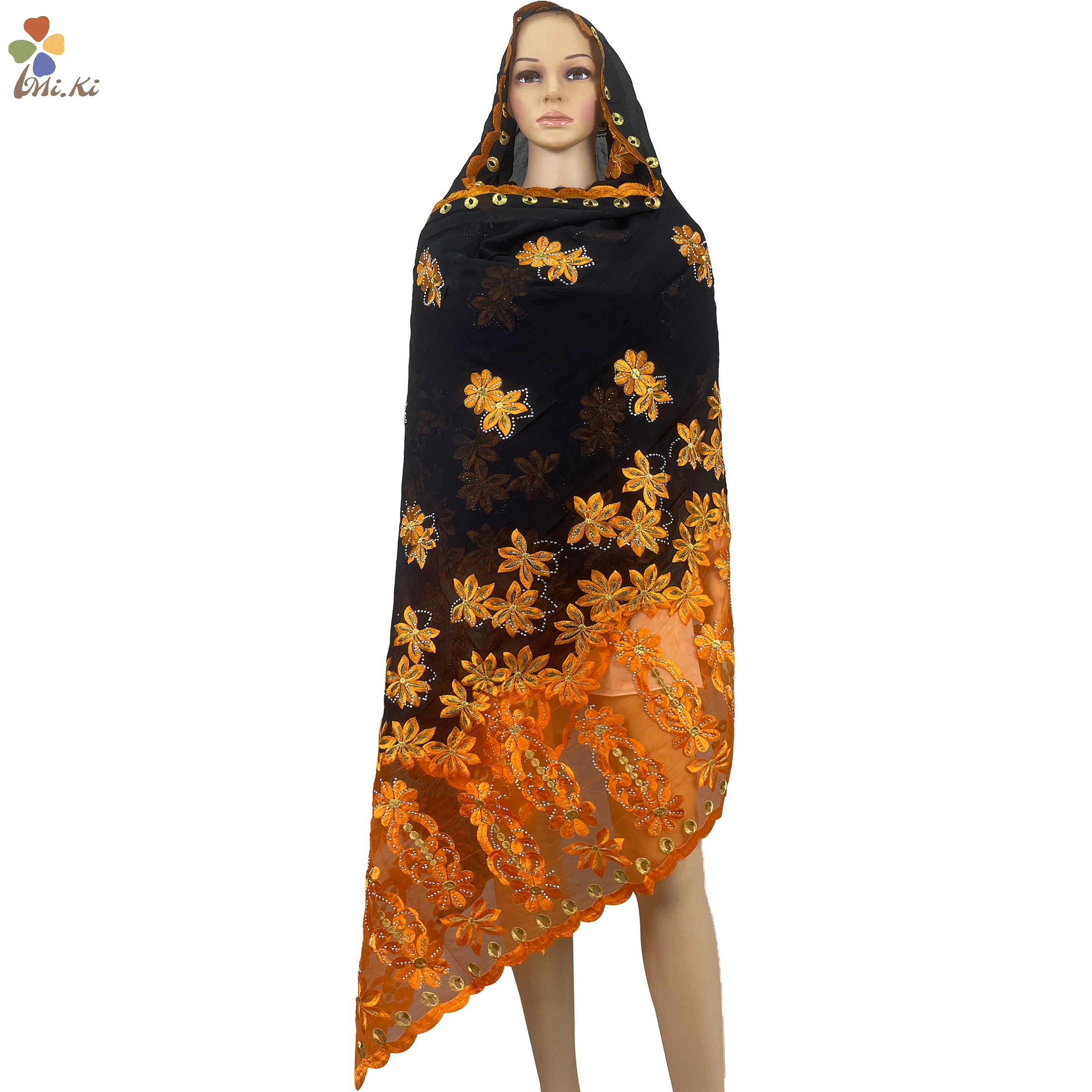 2021 Sale Latest Fashion African Women Dubai Scarf Big Size Embroidery Cotton splicing with Net Women Hijab Scarf BW125