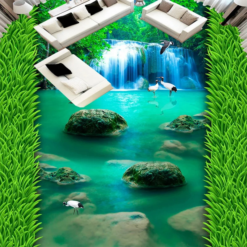 

Custom 3D Mural Green Grass Lake Crane Waterfall Floor Sticker Bathroom Corridor Hall Tiles Decor PVC Self-adhesive Wallpaper