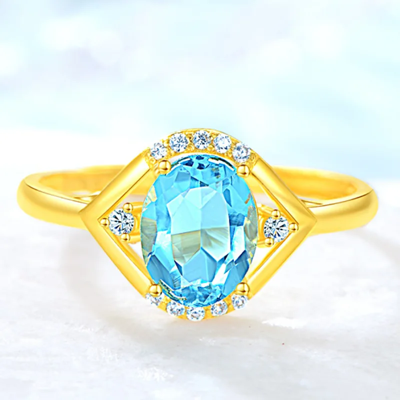 Fashion Rings 925 Silver Jewelry with Created Blue Zircon Gemstone Gold Color Open Finger Ring for Women Wedding Party Ornaments